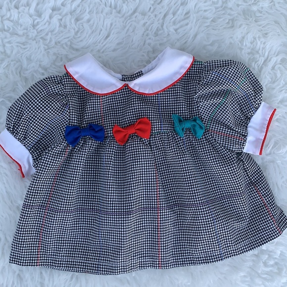 Girls vintage toddler dress houndstooth rainbow colored bows 12 mo gorgeous - Picture 2 of 4